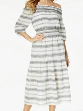 Vince Camuto Off-Shoulder Striped Midi Dress